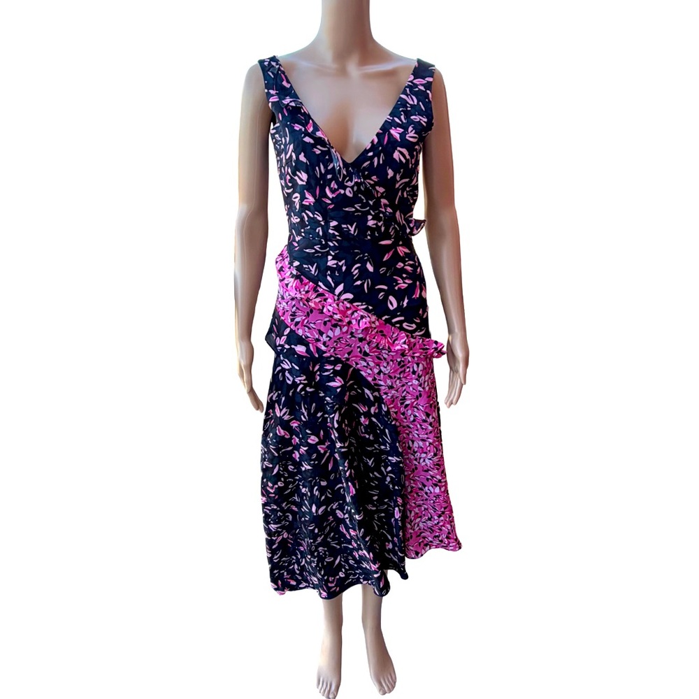 Saloni Aggie Silk Floral Ruffle Midi Dress V-neck Asymmetrical Sleeveless Sz 2